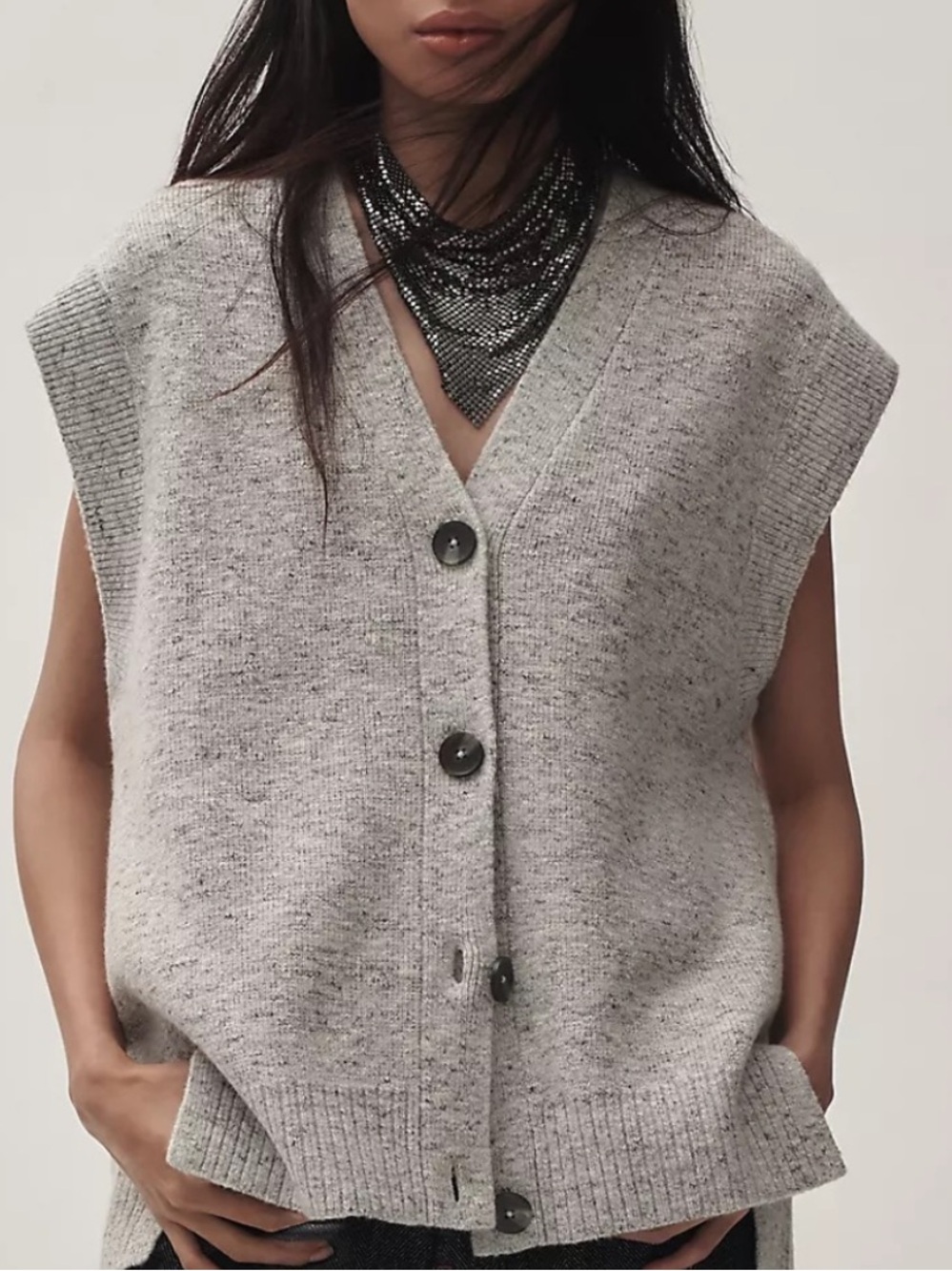 Anthropologie Light Gray Button-Front Sleeveless Knit Vest